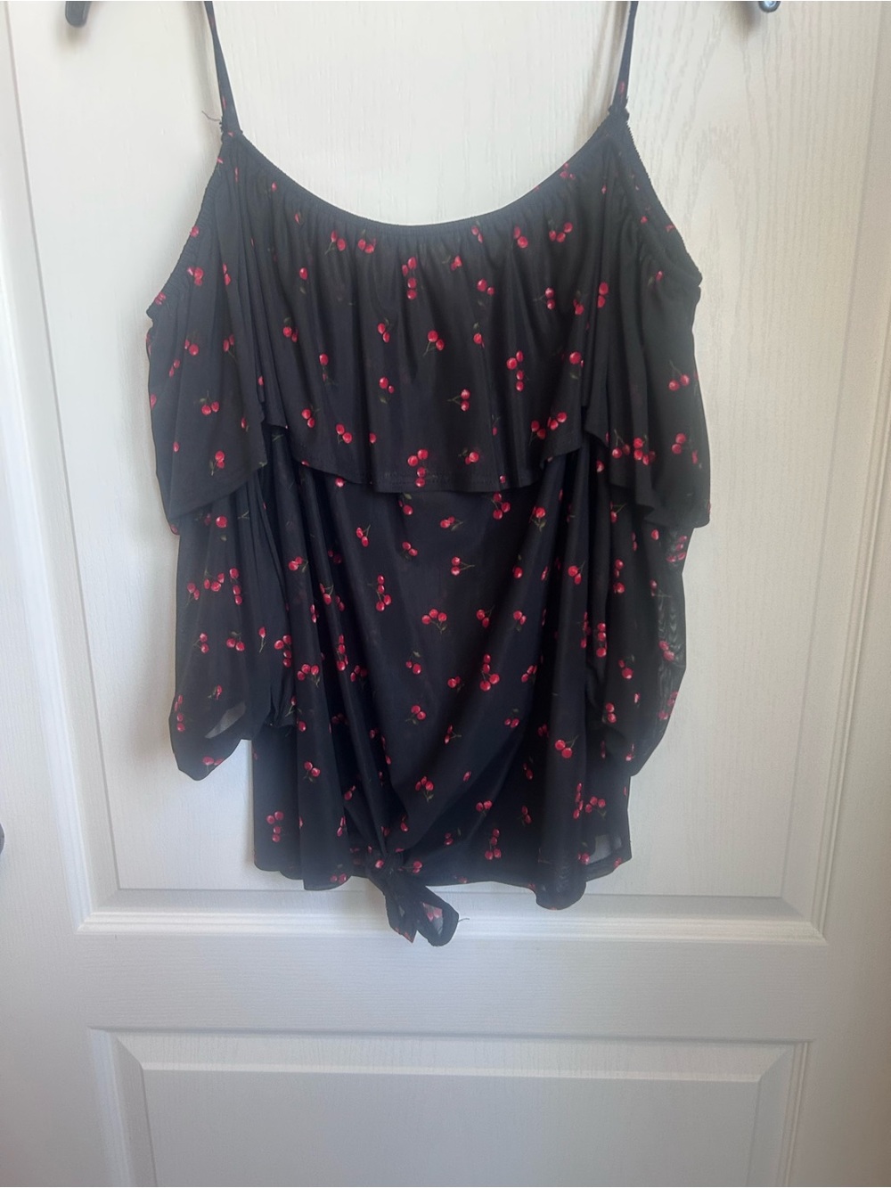 Black Cherry-Print Off-Shoulder Tie-Hem Women's Top